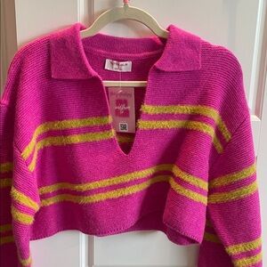 Pink and Yellow Striped Cropped Sweater: small